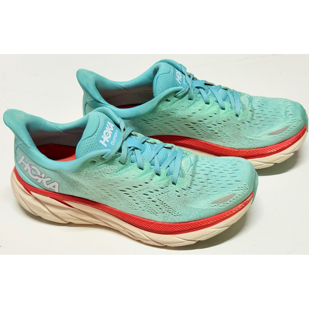 Hoka‎ One One Clifton 8 Womens Running Shoes Blue Red 1119394 AEBL Size 9 B